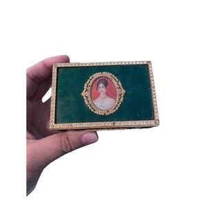 Vintage 1980s Swiss Reuge Guilloche Green Enamel Jewelry Box Female Portrait